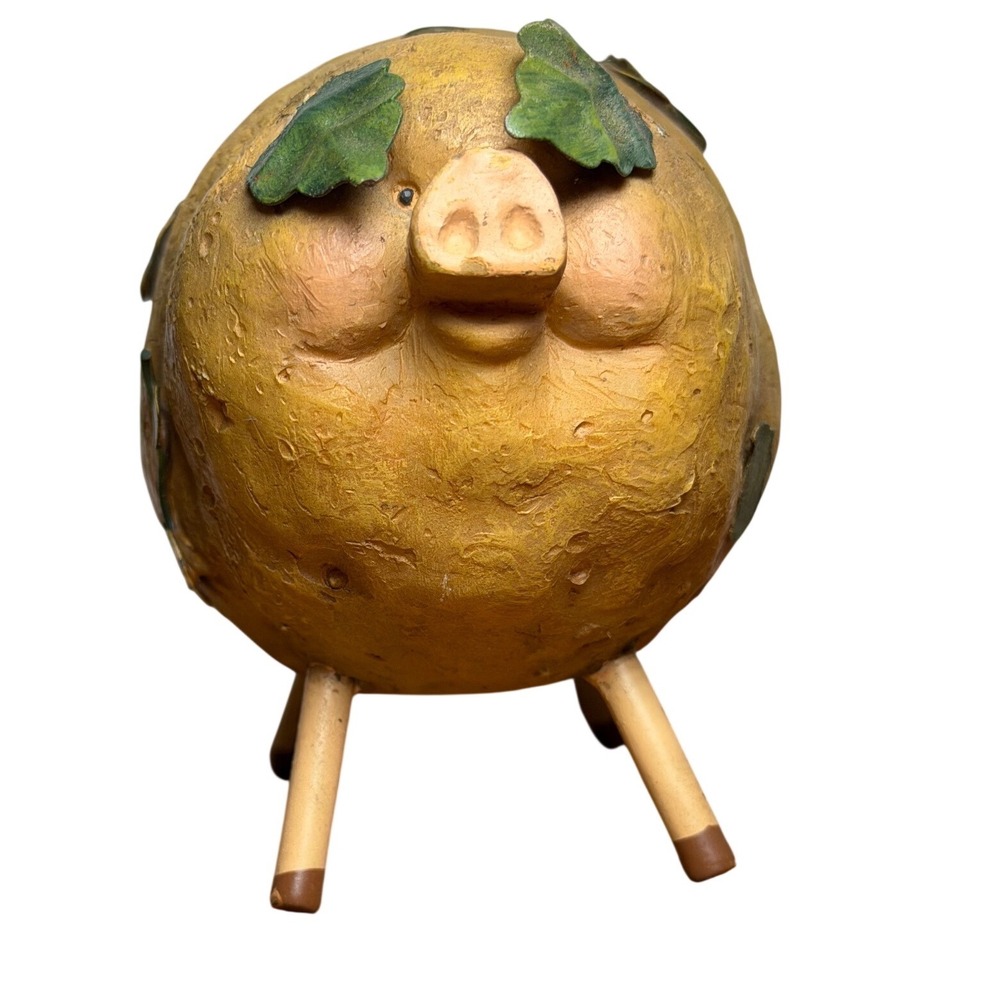 Vintage Style Potato Pig Figurine Rustic Resin Folk Art Piggy Decor Yellow Green